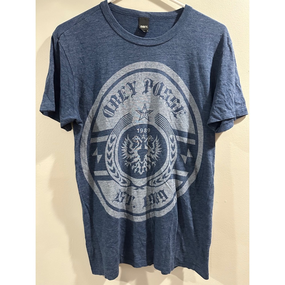 Obey Propaganda Mens Blue Heather Graphic T-Shirt Posse Eagle Crest Size M